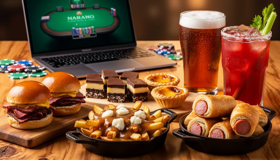 Canadian finger foods—mini poutine bites, smoked meat sliders, Nanaimo bars, butter tarts, and sausage rolls—arranged on a table with a beer and a Caesar, while a blurred laptop shows a glowing poker table and scattered chips in the background.