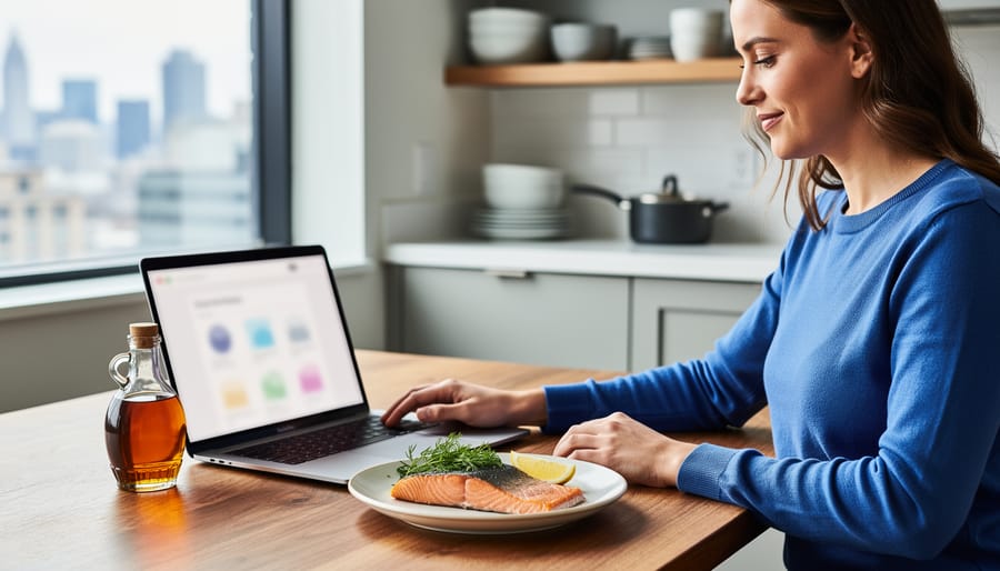 Hands of a Canadian food blogger using a laptop at a wooden kitchen table beside a plated wild salmon, fresh herbs, and an unlabeled maple syrup bottle; the screen is intentionally blurred, with soft kitchen shelves and a distant cityscape in the background.