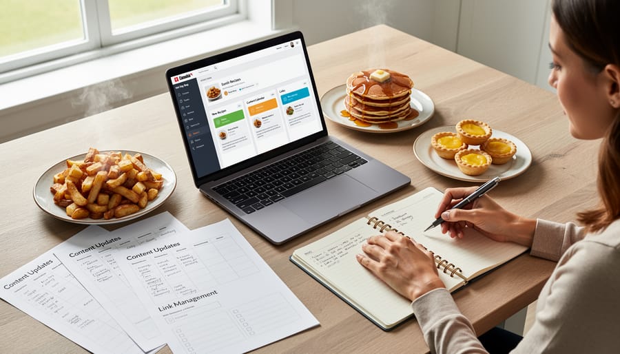 Food blogger working on laptop surrounded by Canadian ingredients and recipe notes