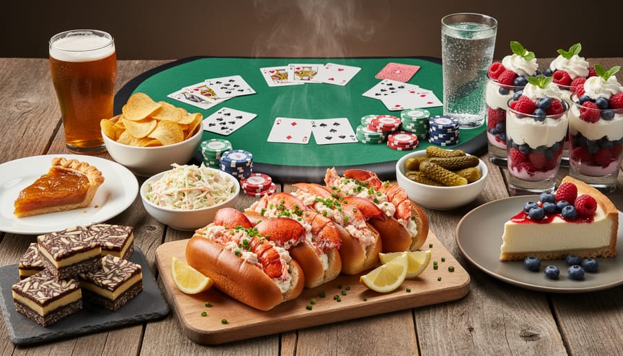 Spread of Canadian comfort foods including lobster rolls and traditional desserts on dining table