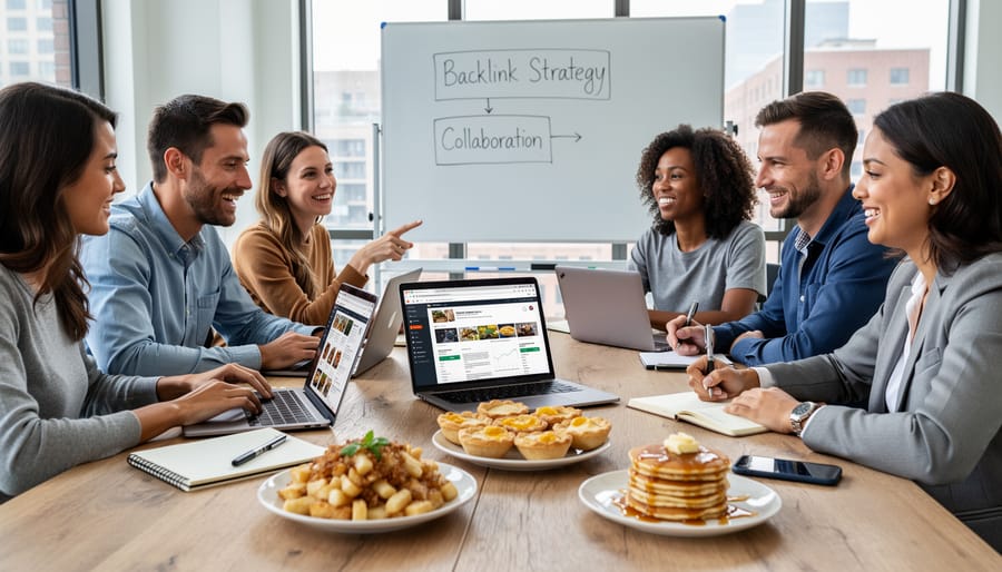 Two food bloggers collaborating together at cafe with laptops and coffee