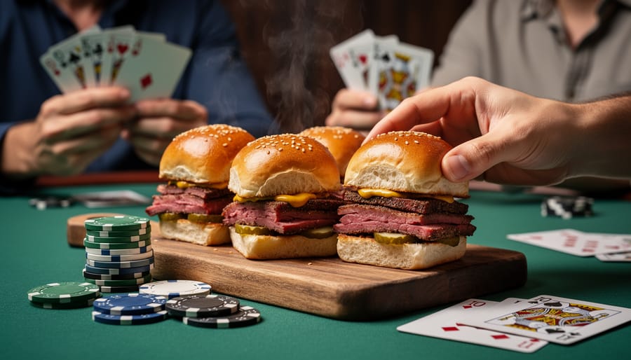 Overhead view of Montreal smoked meat sliders on wooden board with poker chips