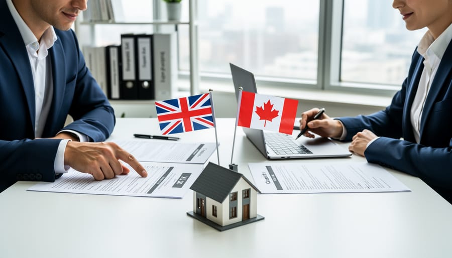 Desk scene with Canadian passport, British currency, and financial documents