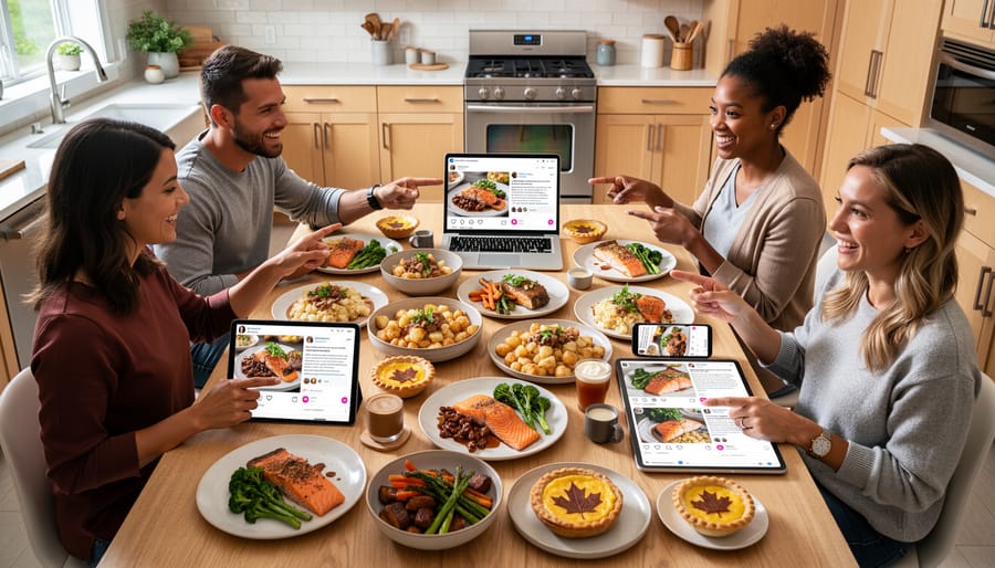 Overhead view of food blogger's workspace with smartphone, laptop, and Canadian themed elements