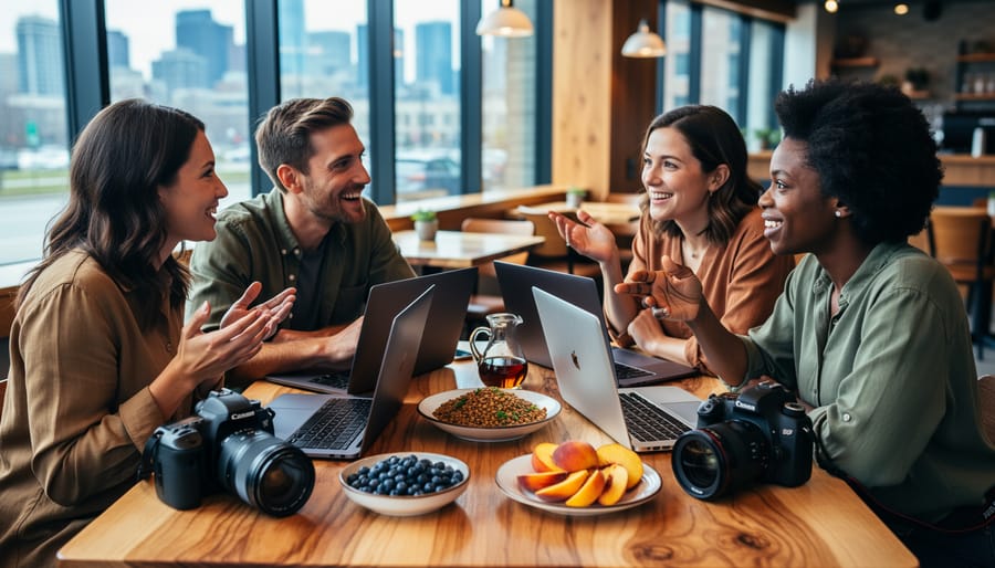 Four Canadian food bloggers collaborate at a maple-wood cafe table with laptops, a DSLR camera, and plates of wild blueberries, Saskatchewan lentils, maple syrup, and sliced Okanagan peaches, softly lit by window light with a blurred city skyline in the background.