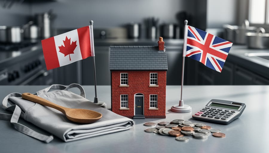 Model of a red‑brick UK terraced house on a desk next to a chef’s apron and wooden spoon, with small Canada and UK flags, a calculator, and coins, set against a blurred stainless‑steel restaurant kitchen background.