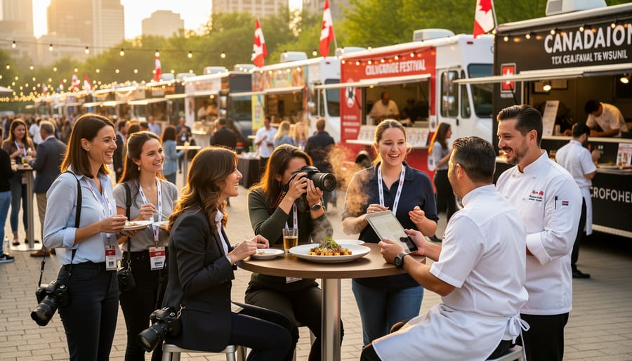 Group of food bloggers photographing dishes together at outdoor Canadian culinary festival