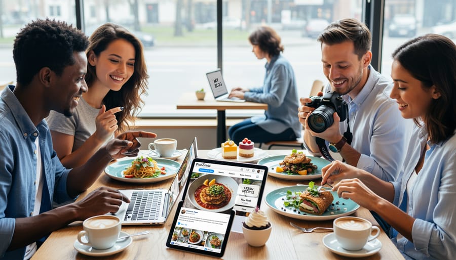 Three food bloggers collaborating together at table with laptops and coffee