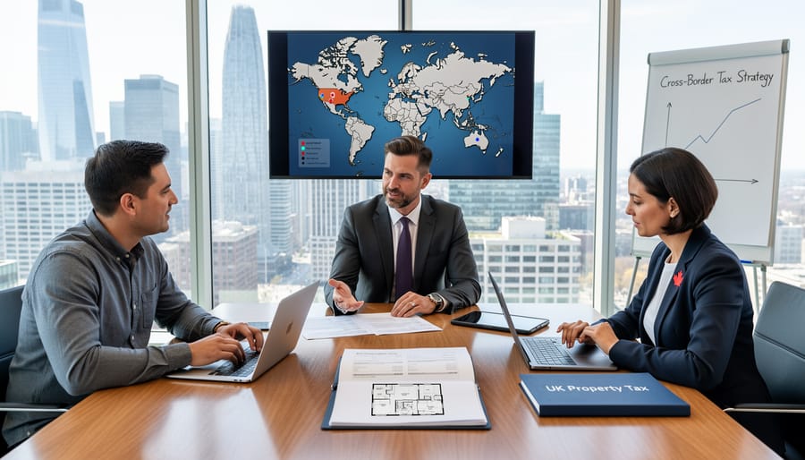 Business professionals consulting on financial documents in office setting