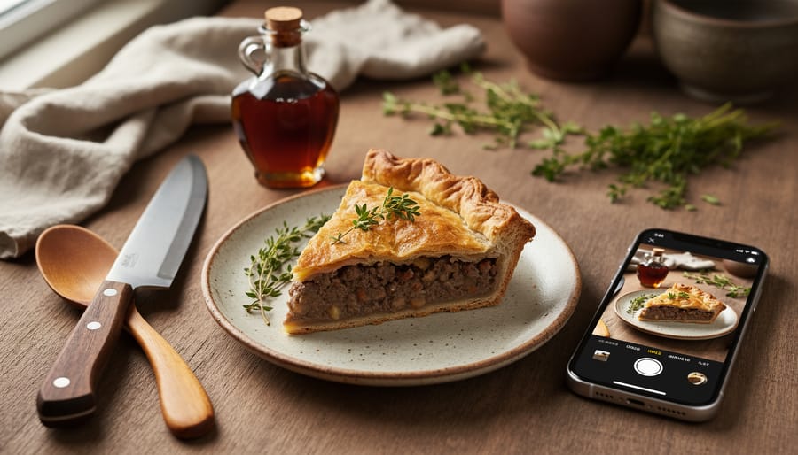 A close-up tabletop of a plated rustic Canadian dish with maple syrup and cooking tools, with a smartphone in the background, styled for an editorial food blogger brand image.