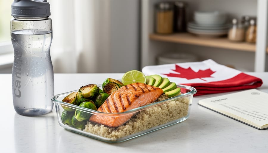 “Prepared meal-prep tray with grilled salmon and quinoa on a Canadian kitchen counter, alongside a water bottle and recipe notebook.”
