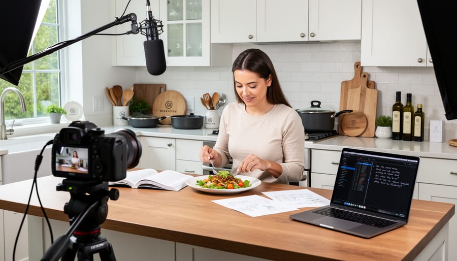 Food blogger filming cooking content in a cozy kitchen with a tripod camera and casserole on the counter