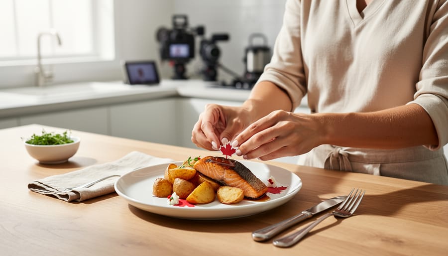 Food blogger styling a meal on a kitchen island while preparing content with camera gear and a smartphone