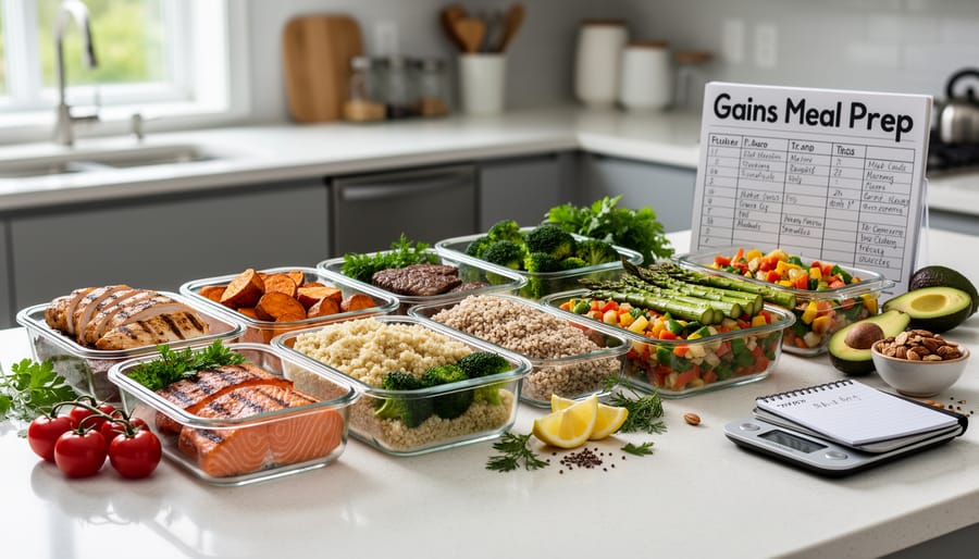 Prepared meal tray with grilled salmon, quinoa, roasted vegetables, and hemp hearts on a kitchen counter