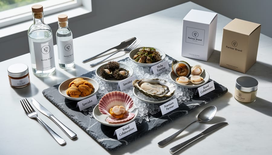 Top-down view of a Canadian-style seafood platter on a table with sauces and garnishes