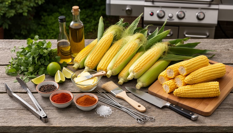 Fresh ears of corn with butter, salt, lime wedges, and a basting brush on a wooden cutting board for BBQ prep