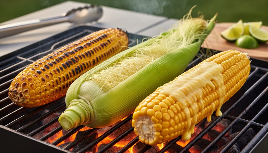 Close-up of corn grilling on a BBQ with charred kernels, a butter-brushed cob, and a partially husked ear in a warm summer outdoor setting.