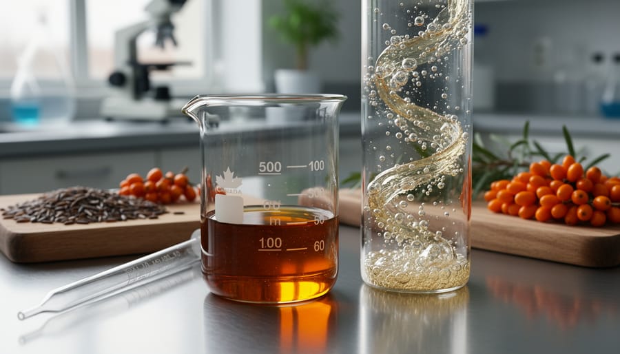 Glass beakers and lab tools on a stainless bench beside amber oil and fermentation culture, with blurred Canadian-inspired food ingredients in the background.