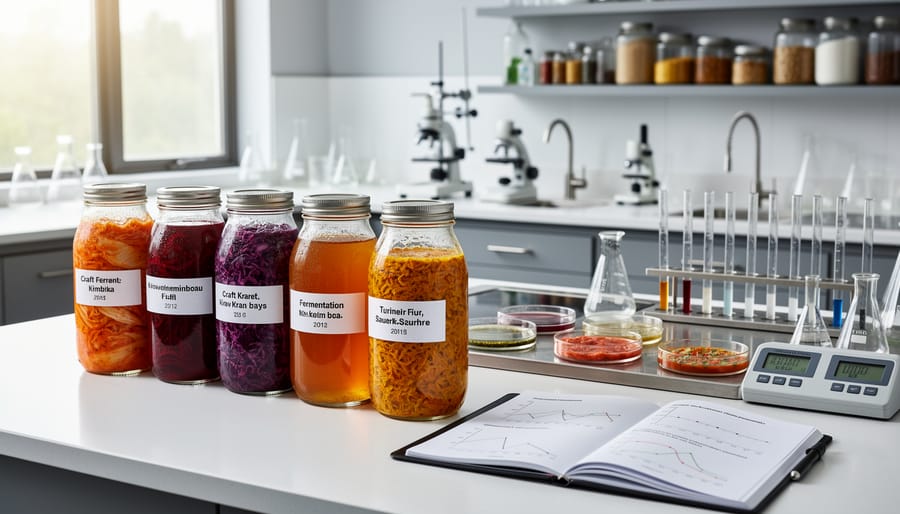 Stainless-steel fermentation setup with bubbling tube and amber bottle in a clean food lab environment