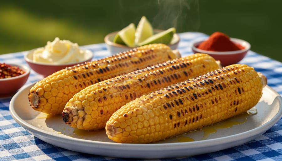 Plate of buttered grilled corn on the cob with chili powder and lime wedges on a picnic table
