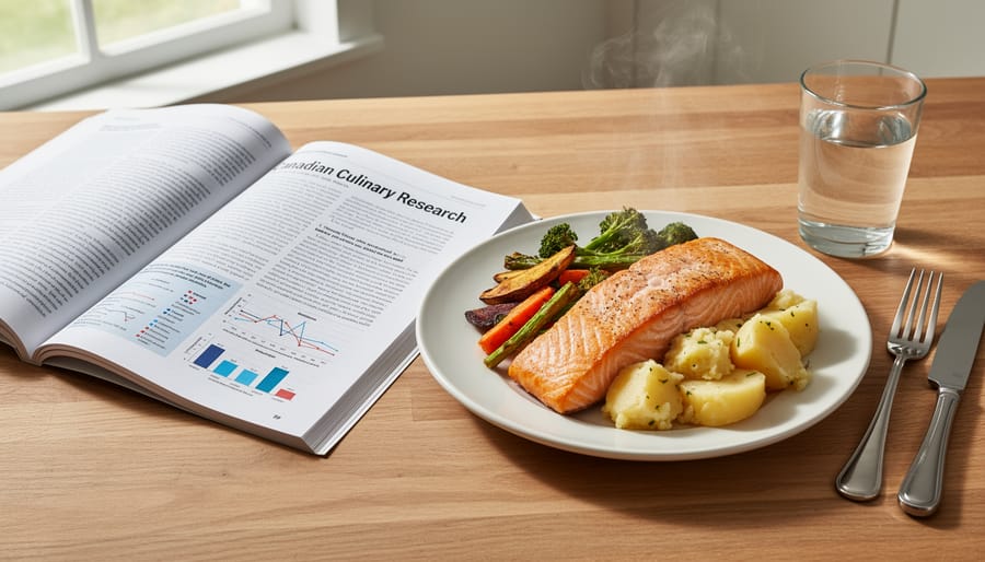 Open food science journal on a kitchen table beside a bowl of soup with a pen and maple-themed tools
