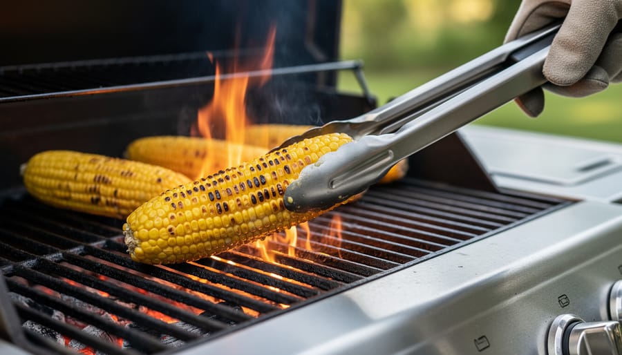 Corn on a gas grill being placed over direct heat using long-handled tongs with visible char starting on the kernels