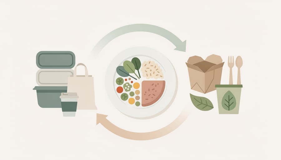 Compostable container and plated sustainable meal with compost-related materials in a softly lit background