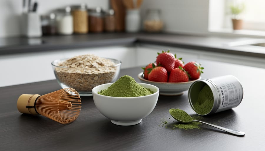 Vibrant green matcha powder in a bowl on a wooden kitchen counter with a whisk, spoon, oats, and fresh strawberries nearby.