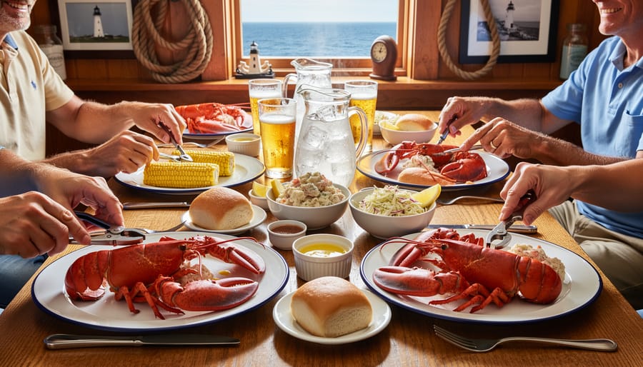 Close-up of a Maritime lobster supper with lobster, fries, and chowder on a table