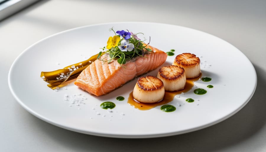 Plated cedar-smoked salmon with miso glaze and scallops on ice