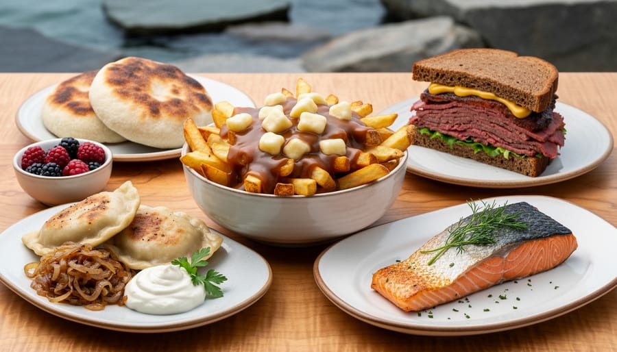 Assorted Canadian regional dishes on a rustic table, including poutine, bannock, smoked meat sandwich, perogies, and salmon.