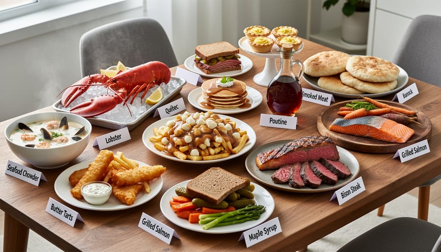 Assorted regional Canadian foods arranged together on a long table