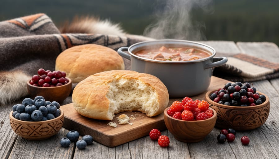Caribou stew and bannock served in a rustic bowl with wild berry garnish