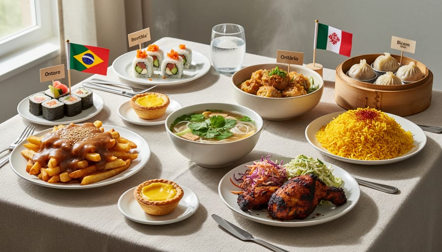 Assorted Canadian dishes including samosas, shawarma, and bannock on a restaurant table
