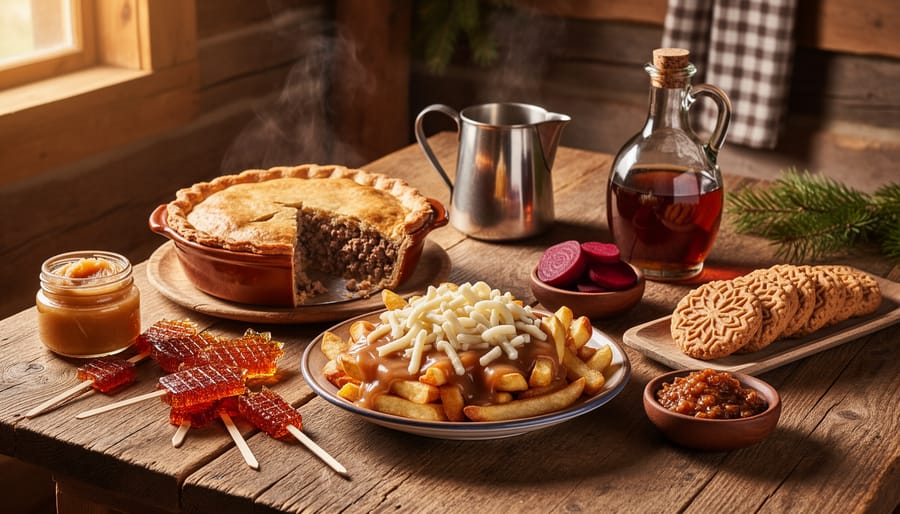 Québécois sugar shack table with tourtière, poutine, and maple syrup being poured